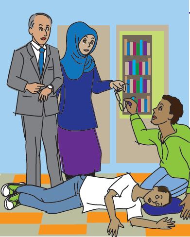 Illustrated drawing of several individuals helping a person having a seizure. One person kneels next to the person having the seizure, cushioning his head and removing his glasses 