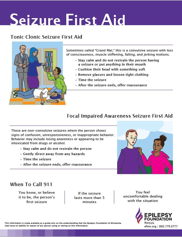 Image of Seizure First Aid poster with illustrations and tips for responding to seizures.